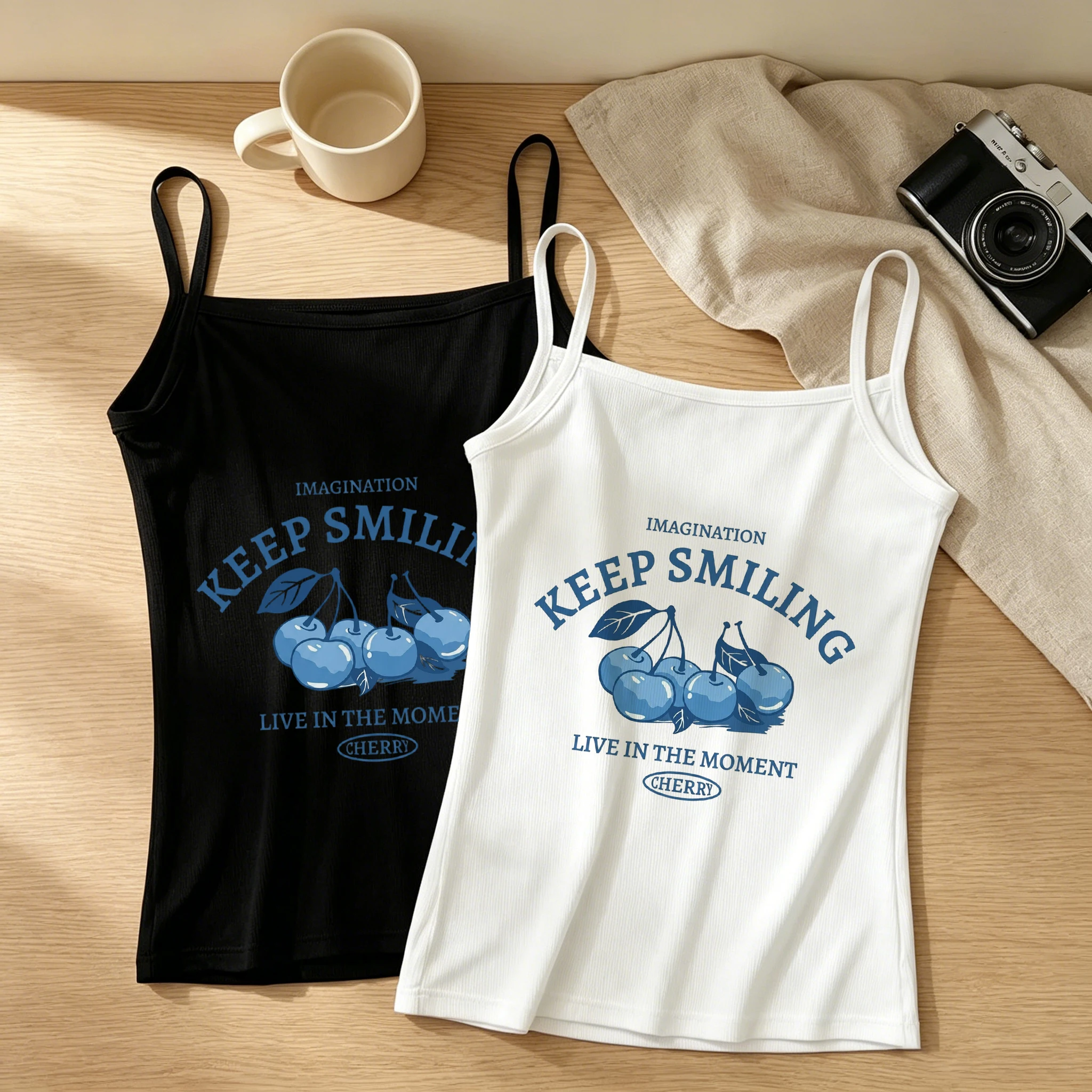 Keep Smiling Graphic Tank Top Cute Cherry Cami Y2K Aesthetic Harajuku Streetwear Slim Fit Crop Top Casual Vest For Women