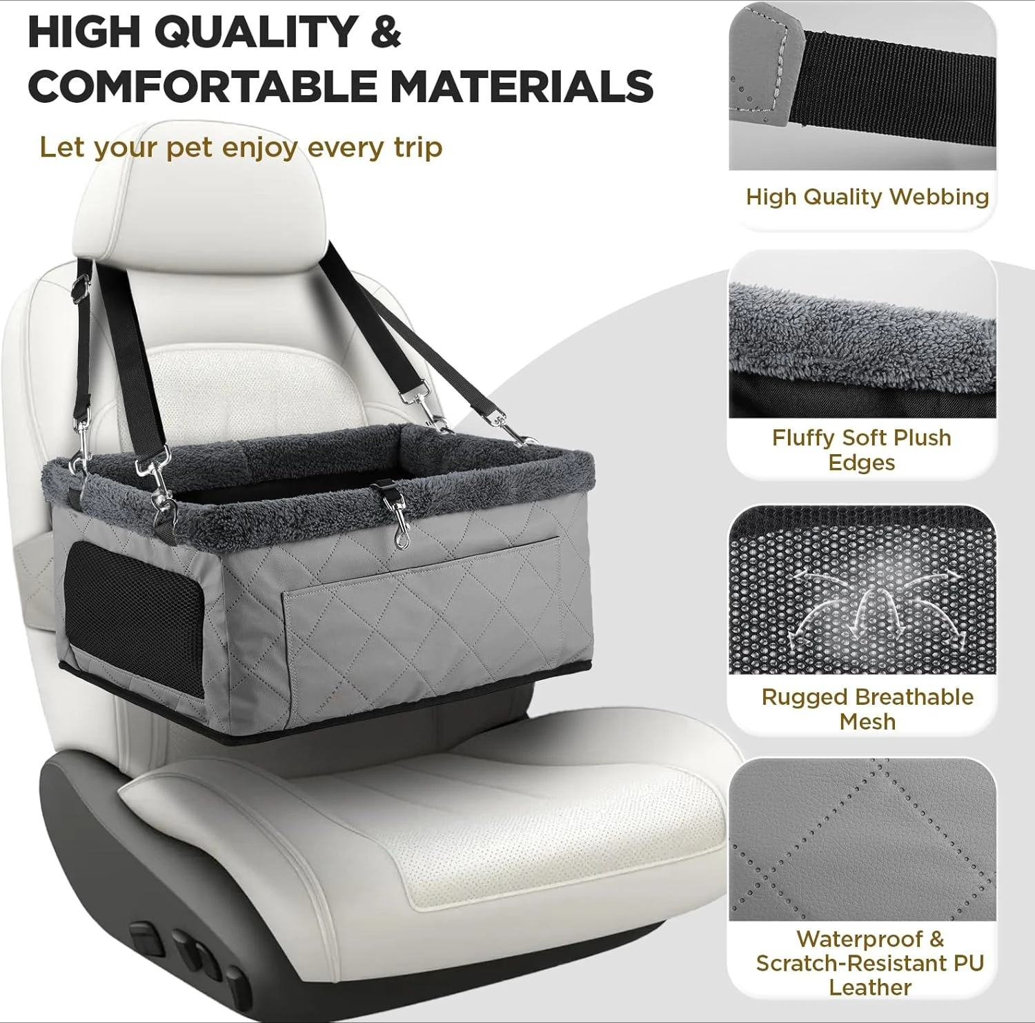 Upgrade Dog Booster Seat for Small Dogs Waterproof Leather Pet Car Seat with Metal Frame Portable Travel Carrier Bag
