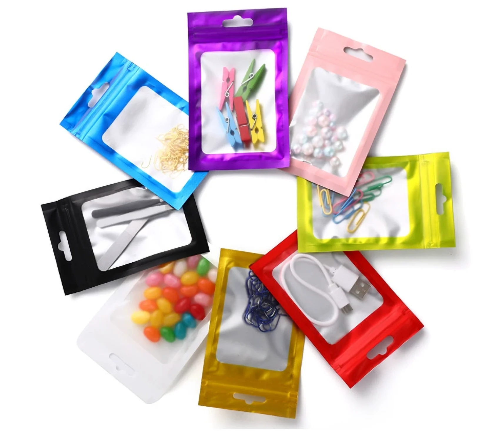 100pcs Colorful Aluminum Foil Transparent Window Ziplock Bags Suitable for Small Product Sealed Packaging Bags Customizable Logo