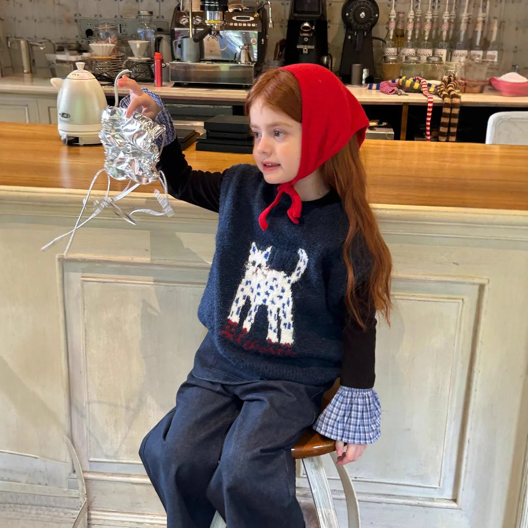 

Knitted Cartoon Cat Vest 2025 Spring and Autumn New Fashion Cute Knitted Vest Trend for Girls Kids Clothes