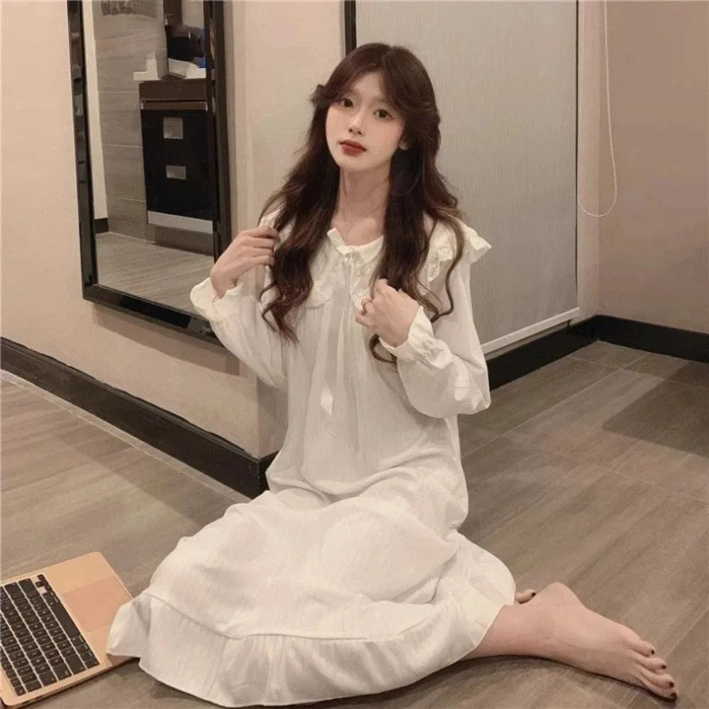 

Homewear Lace Pajamas Nightgown Women Sweet Loose Bowknot Ruffle Nightdress Ruffle Bowknot Long Sleeve Sleepwear Home