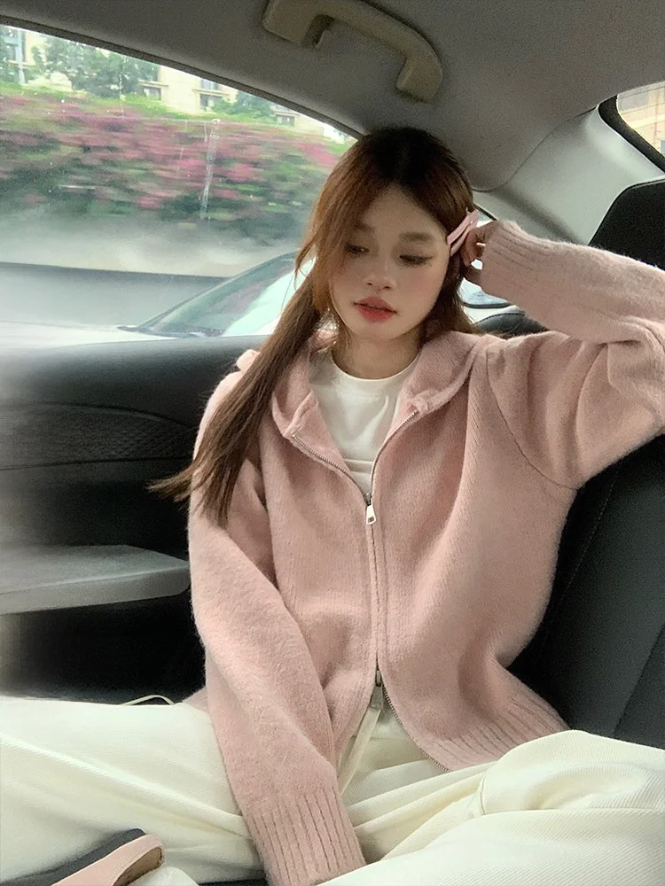 

Розовый вязаный кардиган с капюшоном, двойной молнией, свободного кроя, женский осенний топ, бренд Song Zhengen, прямой крой, длинный свитер