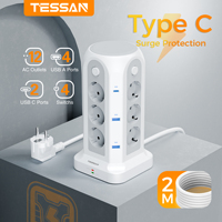 TESSAN Multi Socket Power Strip with 12 Outlet 4 USB 2 Type C 4 Switches 18 In 1 Tower Socket Surge Protection 2M Extension Cord