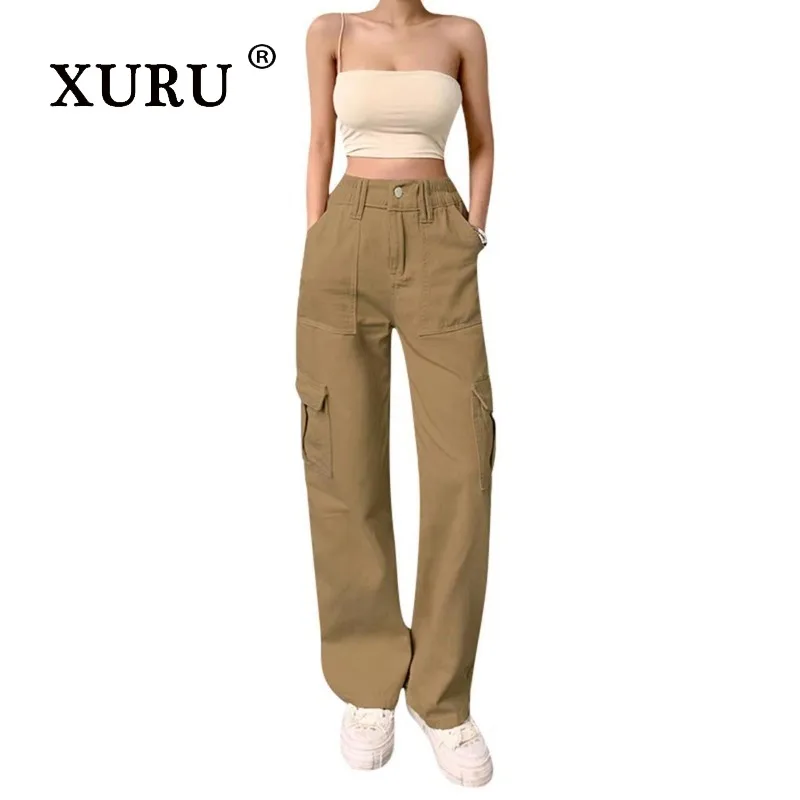 

XURU-Women's Multi Pocket Long Jeans, High Street Pants, High Waisted Work Pants, European and American, New Wear, N3-3212