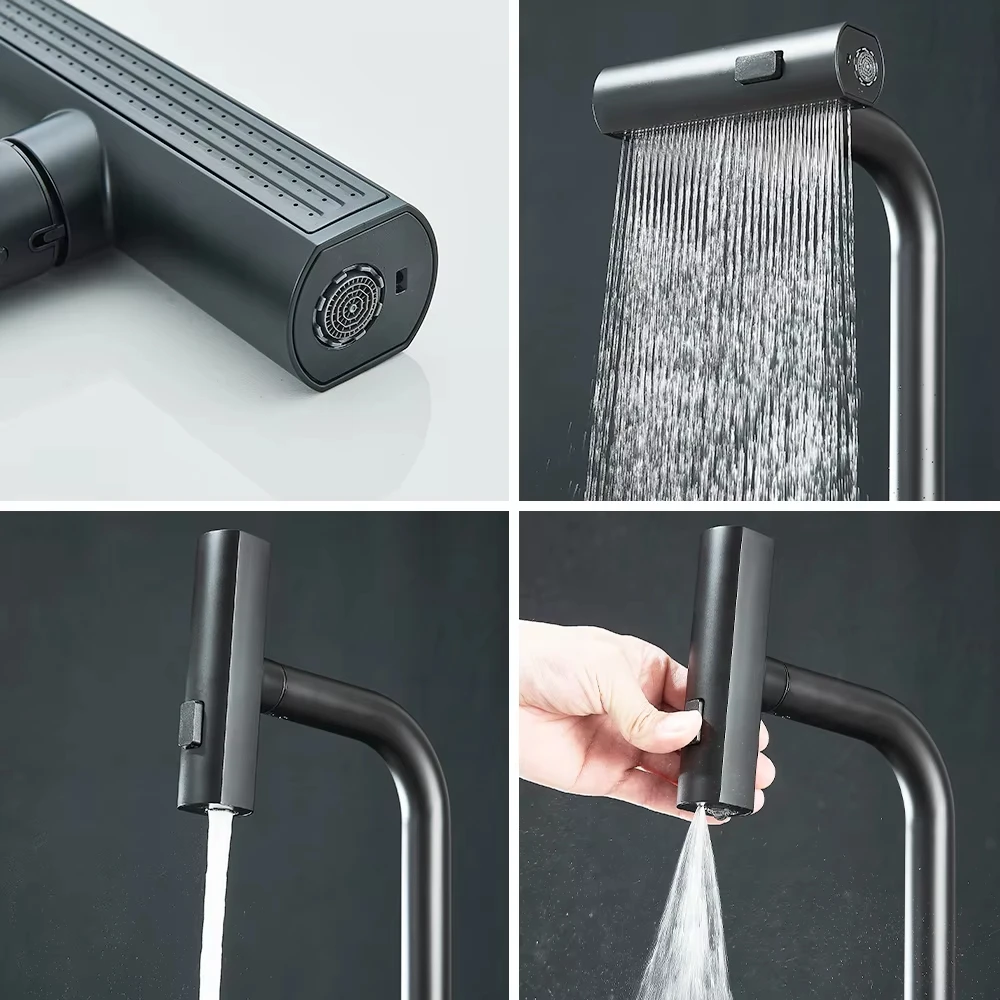 Black kitchen faucet pull out rotating waterfall spray sink mixer faucet brushed nickel faucet