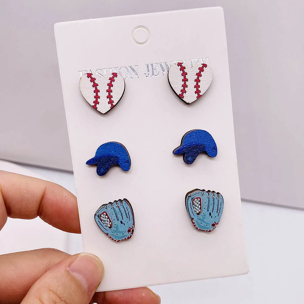 Baseball Softball Football Sports Stud Earrings set Heart Shape Sports Wood Earring for Women Ball Game Earrings Jewelry