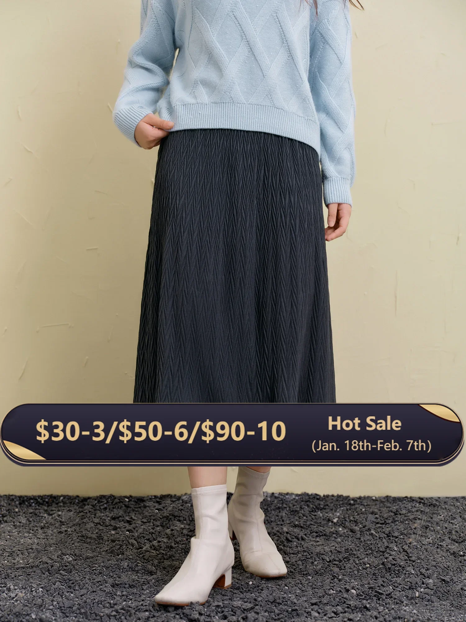 DUSHU Women Long Black Skirt Elastic Waist Winter Thicken Commuter A-LINE Skirt Simple Grey Temperament Skirts 24DS84617