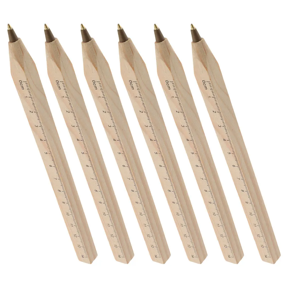 6Pcs Professional Carpenter Pens Natural Wood Ballpoint Ruler Pen Industrial Construction Marking Drawing Black Ink