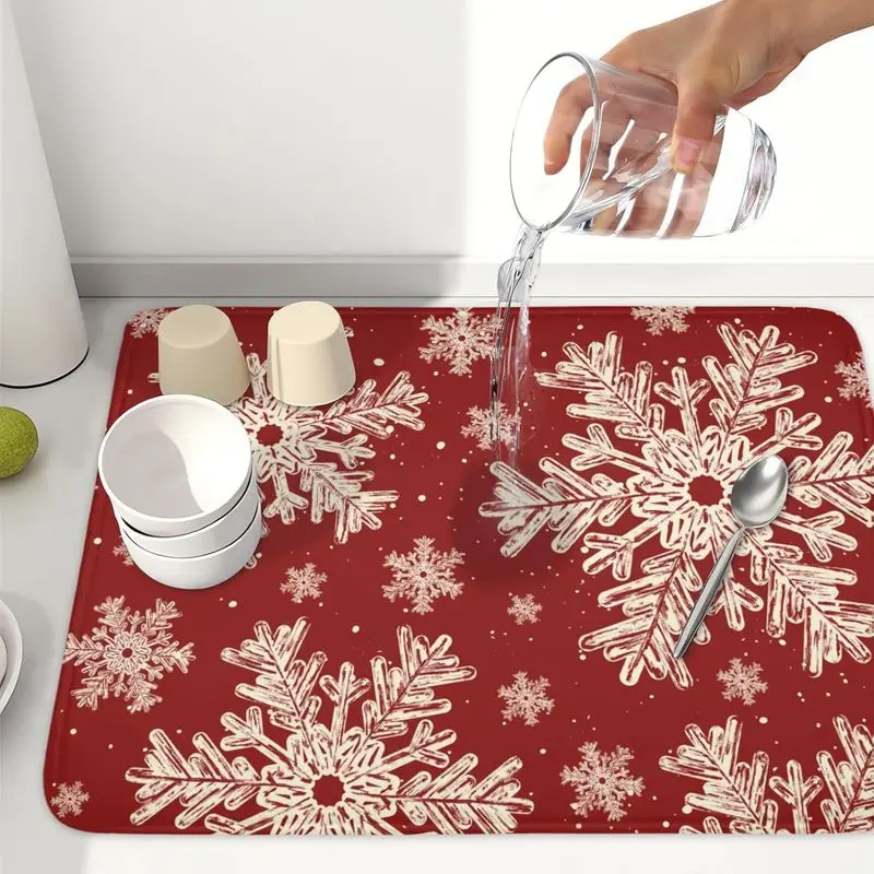 VIKAMA Christmas Dish Drying Mat Deep Red White Hand Drawn Snowflake Sink Mat Kitchen Counter Pad Happy New Year Home Decor