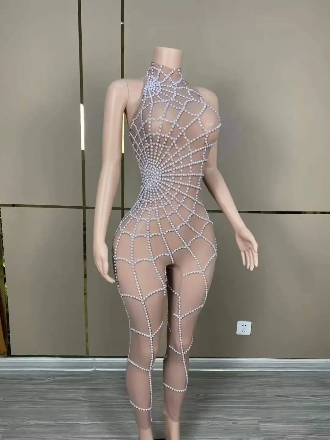 Women Pole Dance Party One Piece Stretch Body Suits Performance Singer Stage Wear Drag Queen Costume Backless Beaded Jumpsuits