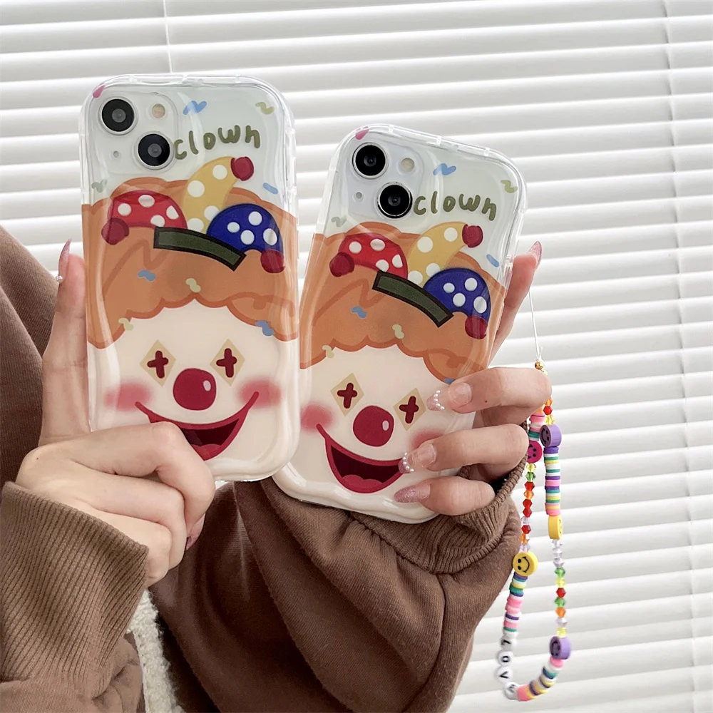 Funny Clown Smiley Bead Chain Phone Case for S26 Ultra Cartoon Wavy Clear TPU Protective Cover for Samsung Galaxy S25 S23 A57