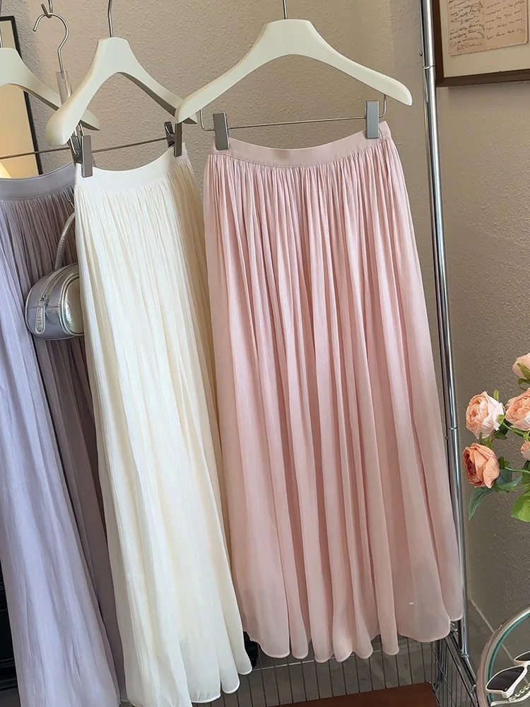 Sweet Pink Beige Chiffon Pleated Midi Skirt For Women High Waist Flowy A-line Long Skirt Elegant Beach Vacation Commuted Outfit