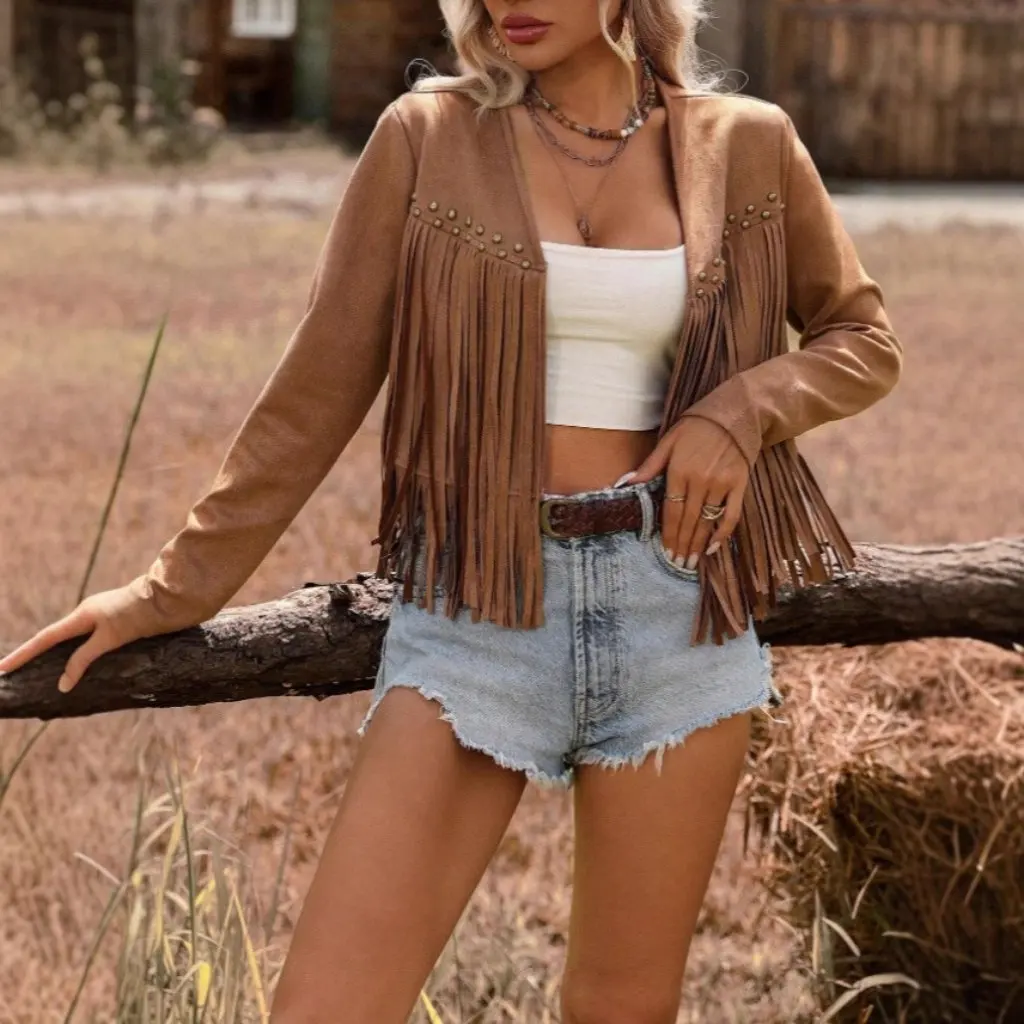 

Women's Casual Long Sleeve Jacket Solid Color Edge Detail Tassel Winter Coat Vs