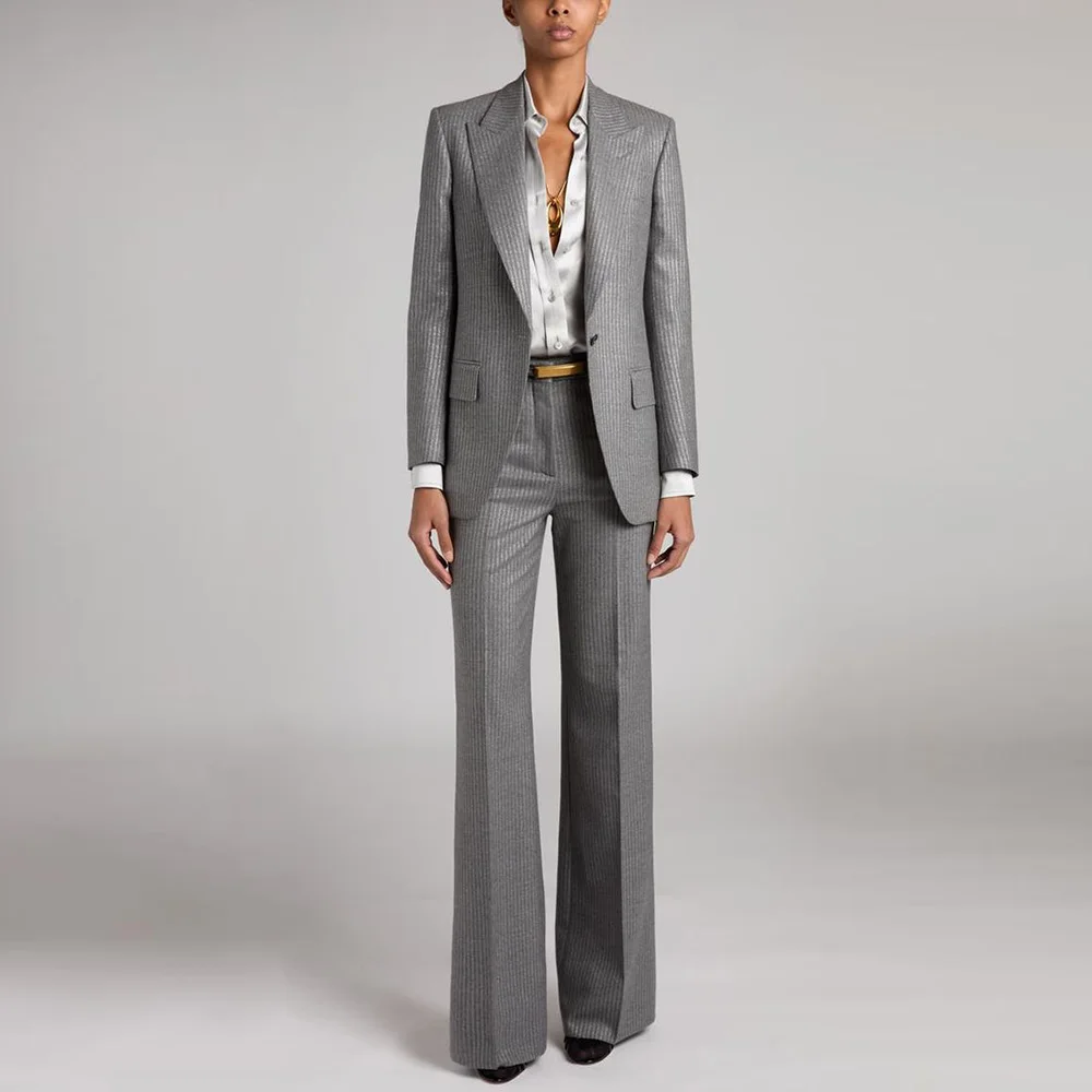 Classic Women's Suit One Button Peak Lapel Two Pieces Jacket Pants Blazer Set Smart Slim Fit Office Daily Life Female Clothing