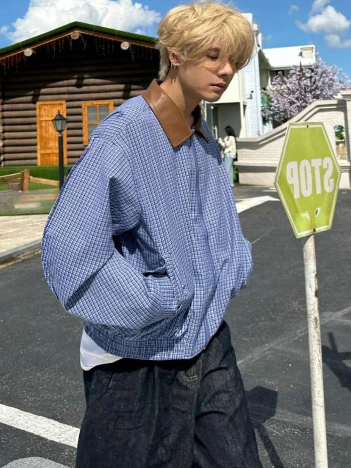 

American Retro Plaid Stand Collar Color Blo oulder Pad Jaet ex Loose High Faion Outerwear for Autumn And Winter