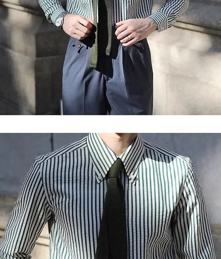 Italian Retro Men's Business Casual Shirt Green Brown Striped Slim Long Sleeve Shirt British Spring Autumn Men Dress Shirt