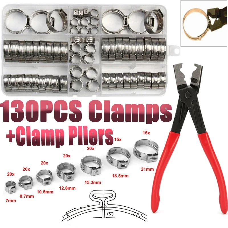 

130pcs Stainless Steel Single Ear Stepless Hose Clamps Assortment Box Kit OR 1 Plier for Crimp Pinch Rings Securing Pipe Hose