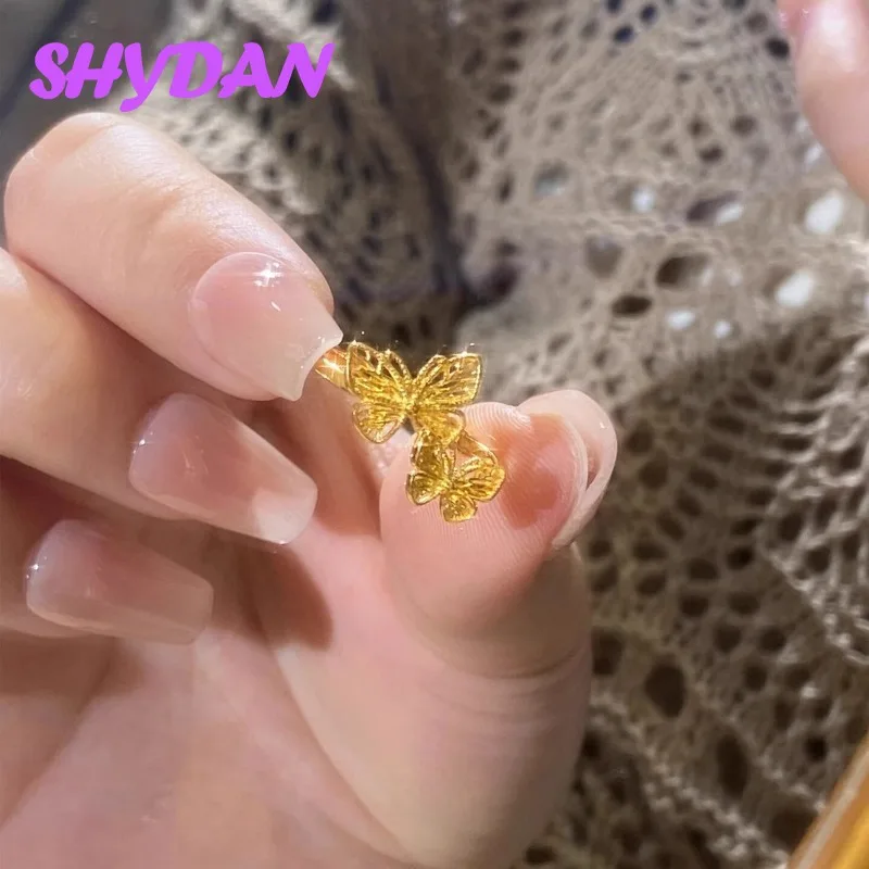 SHYDAN 925 Sterling Silver 18K Gold Double Butterfly Open Adjustable Rings For Women Engagement Fashion Jewelry