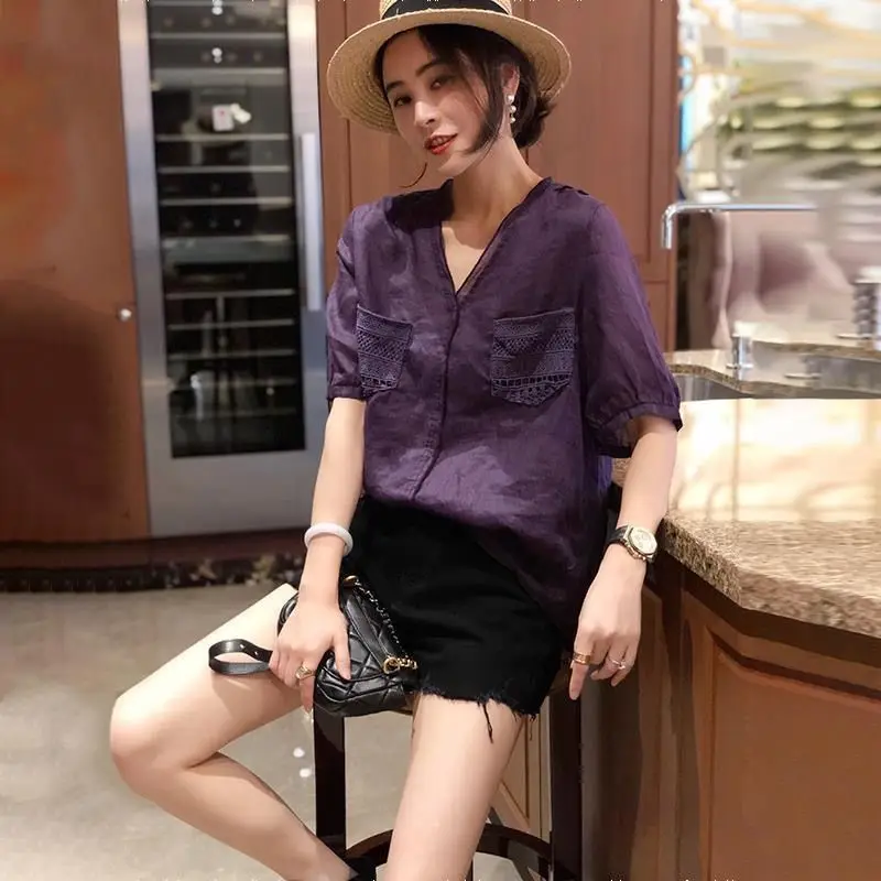 Cotton and Linen Top Women\'s Red Shirt Short Sleeved Loose Linen Cotton V-neck Shirt 2024 Summer New Item European Station