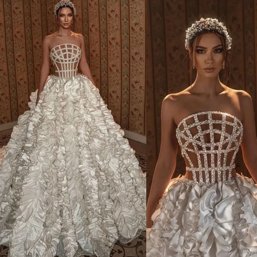 

Gorgeous Wedding Dresses A-Line Strapless Cut Out Sequined Sleeveless Princess Bridal Gown Vestido de novia Custom Made