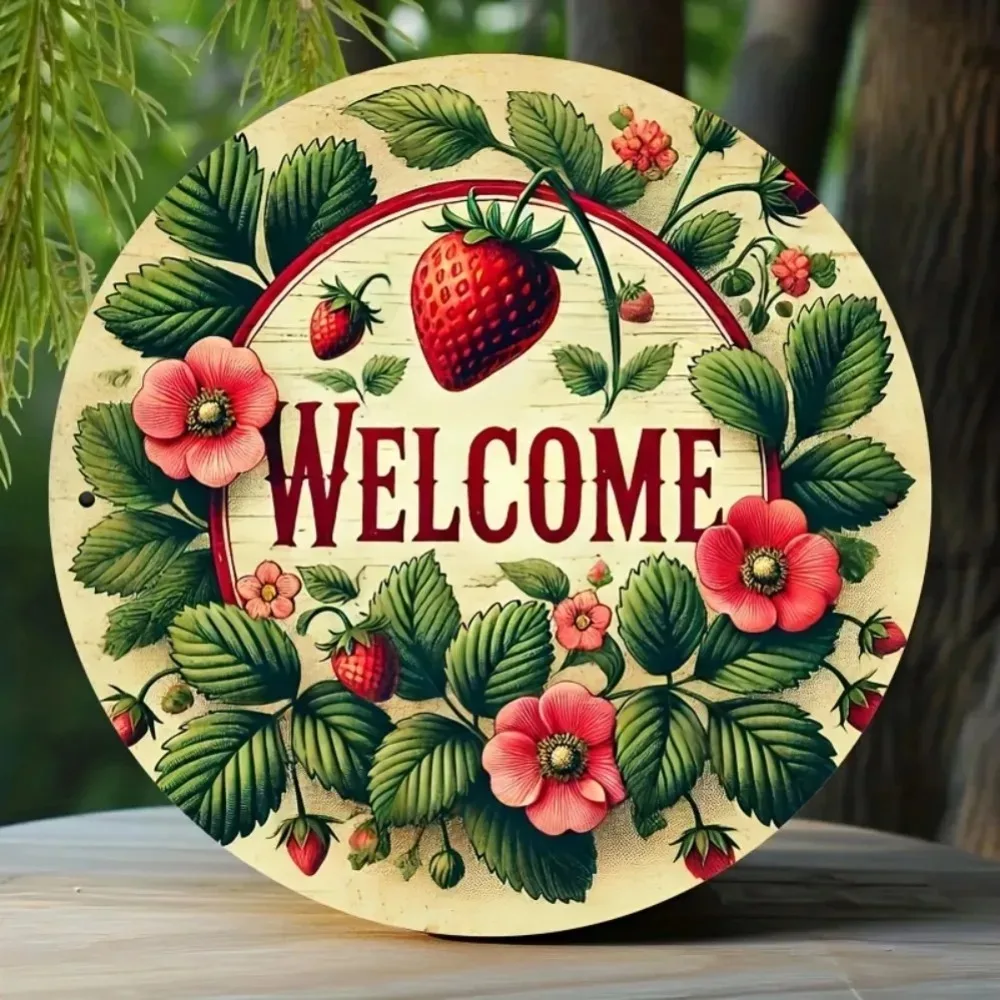 Farmhouse Vintage Strawberry Welcome Wall Hanging Decor Sign