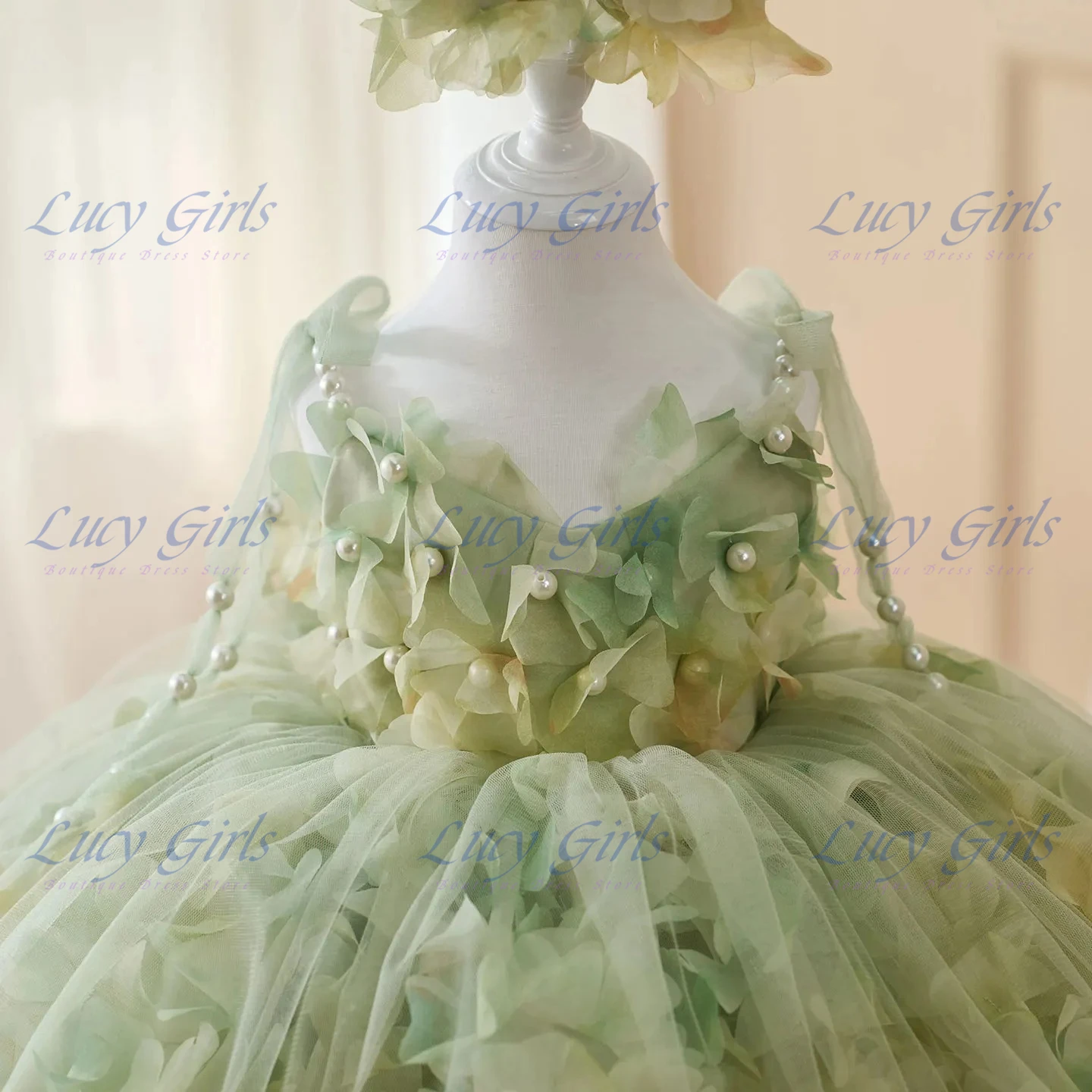 Lovely Quality Sage Green Or Pink Flower Girl Dresses with Hairband Pearls for Baby Kids Wedding 1st Birthday Pageant Party Gown
