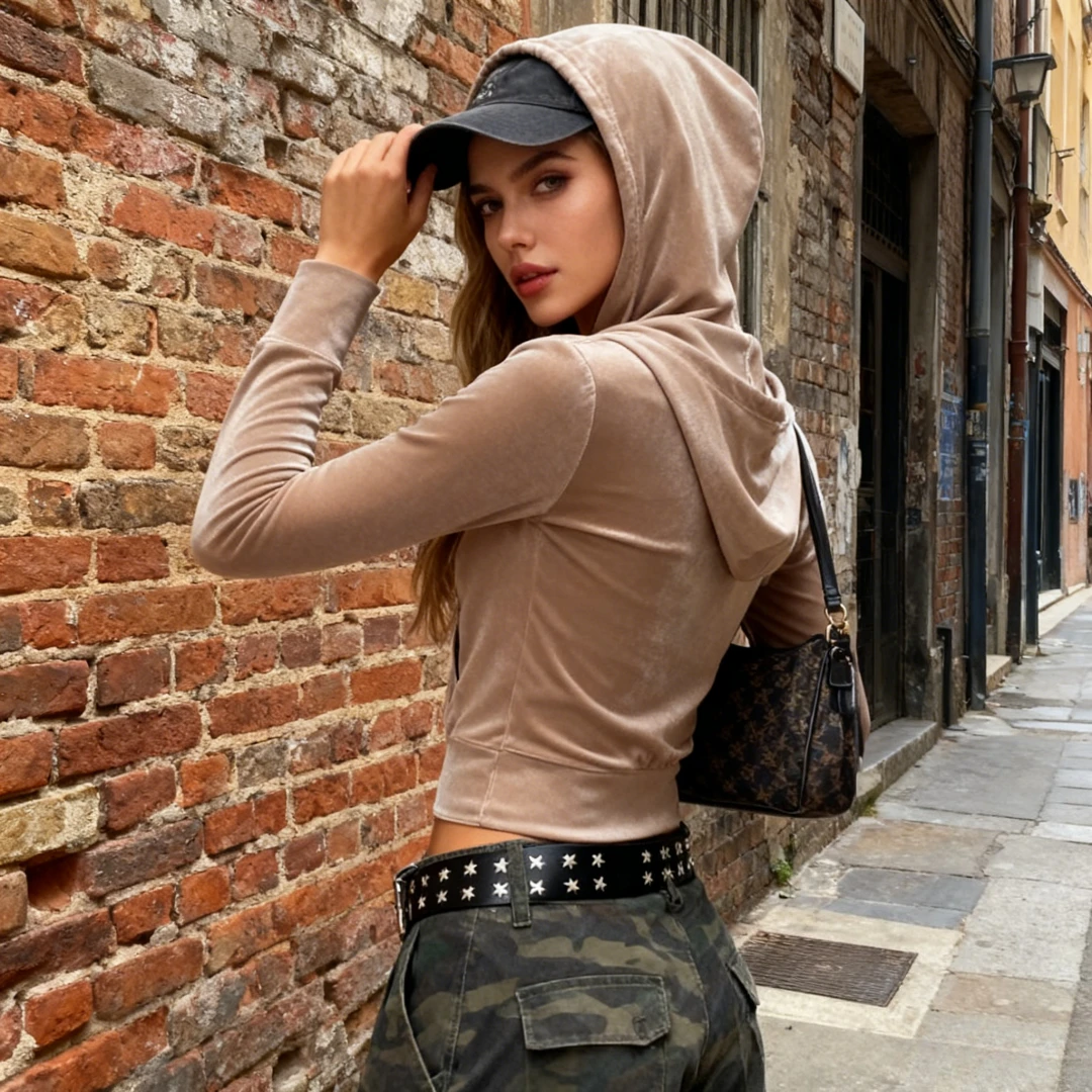 

Women Solid Hoodies Coats Velvet Jackets Pockets Moto Biker Y2k Zipper Thin Sweatshirts Slight Strech Casual Punk 2025 Summer