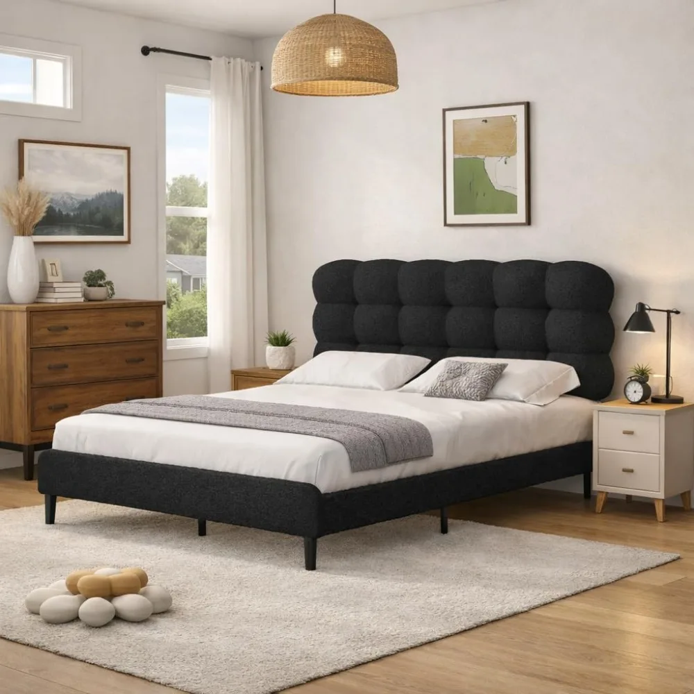 Queen Bed Frame, Soft Teddy Cloud Boucle Headboard, Black | Removable Headboard, Fan-Shaped Stitching, Sturdy Metal