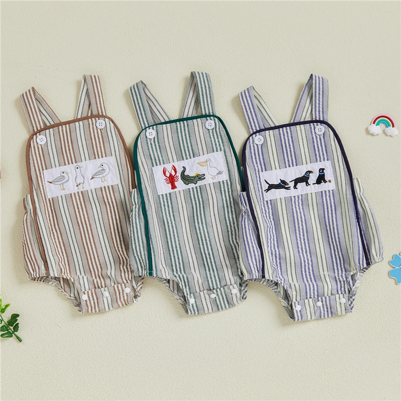 

Toddler Baby Boy Striped Overalls Romper Dog/Crayfish/Bird Embroidered Sleeveless Jumpsuit Infant Newborn Summer Clothes