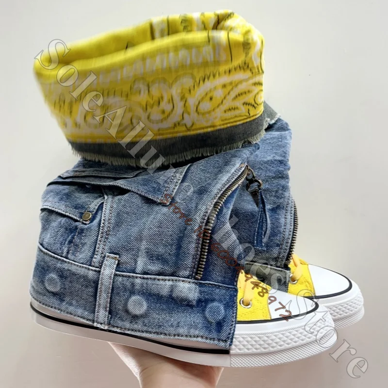 Cuffed Denim Tall Canvas Sneaker Boots Yellow Paisley Bandana Lined Fold Over Shaft Side Zip High Top Y2K Two-Wear Jean Shoes