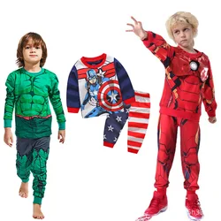 Disney Marvel Superhero Series Children Pajamas Iron Man Captain America Hulk Bat Man Spiderman Cotton Long Sleeve Pants Sets