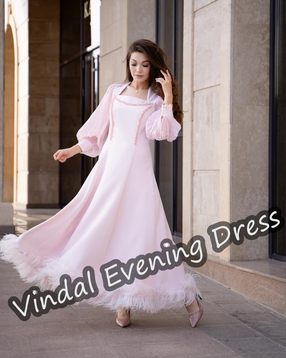 Vindal Evening Dress Square Neckline Ankle Length A-Line Elegant Built-in Bra Satin Long Sleeves Saudi Arabia For Woman 2024