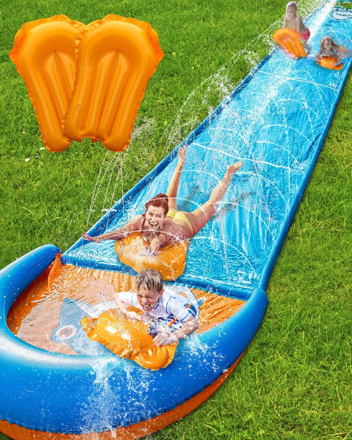 

32FT Spring Water Slide for Kids and Adults, Backyard Summer Outdoor Toy with Sprinkler and Inflatable Bodyboards