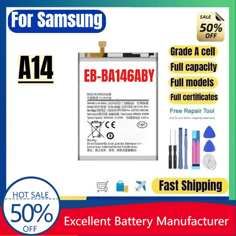 0 Cycle EB BA146ABY Battery for Samsung Galaxy A14 A146 A145 Phone High Quality Replacement Lithium Polymer Grade A Cell & Tools