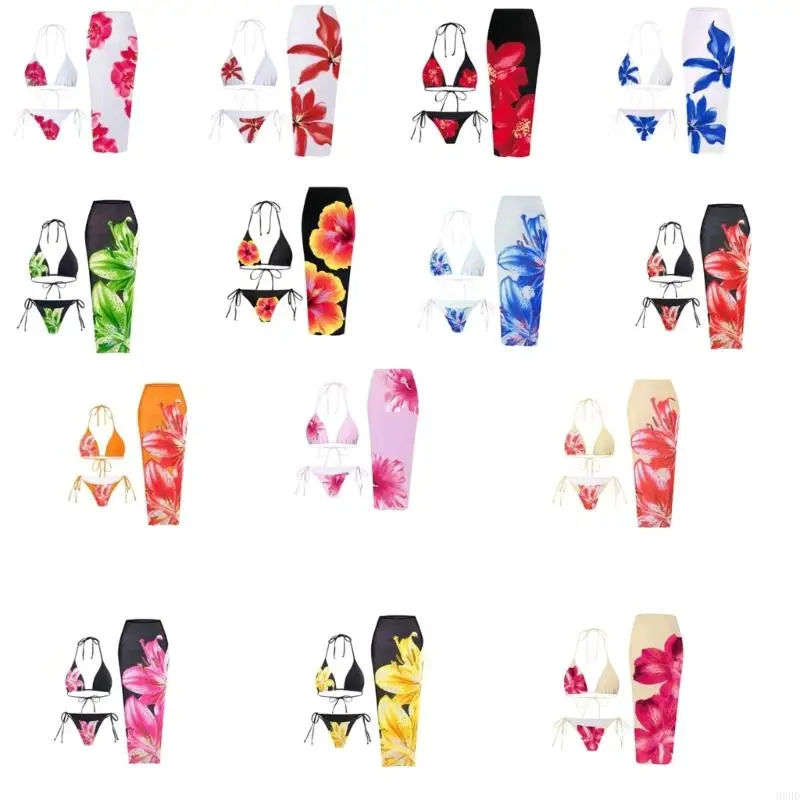 Traje baño 3 piezas para mujer con elegante tankini con falda y estampado flores que ofrece cobertura y tela suave para