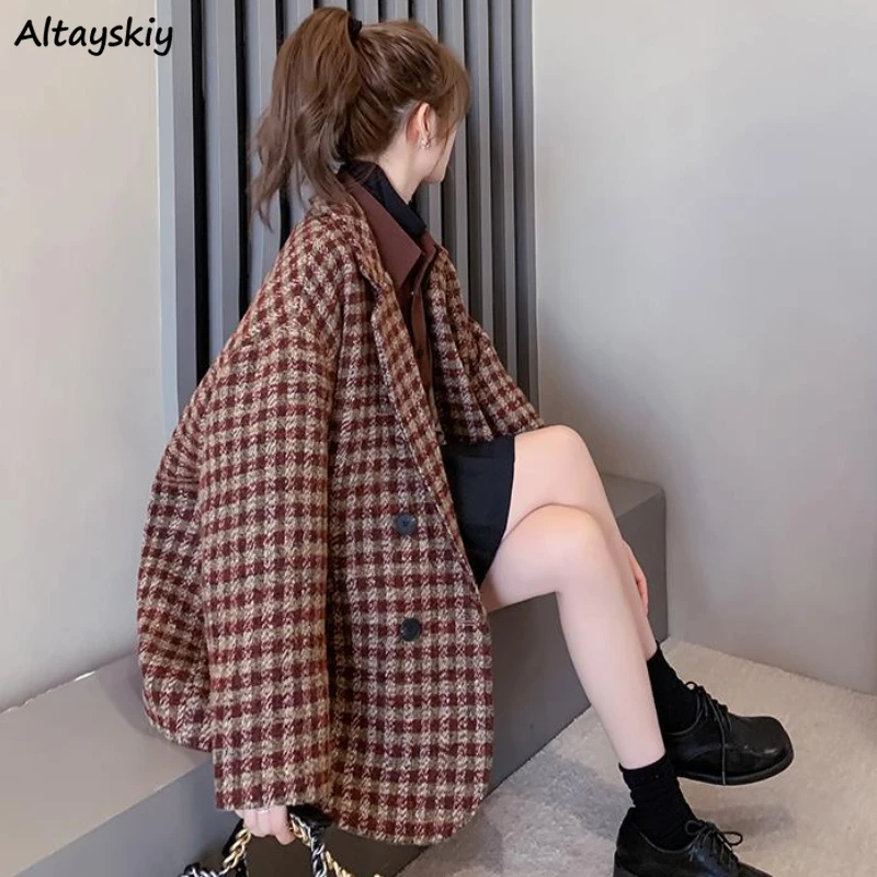 

Notched Blends Coats Women Y2k Clothes Double Breasted British Aesthetic Plaid Vintage Preppy Streetwear Thick Elegant Windbreak