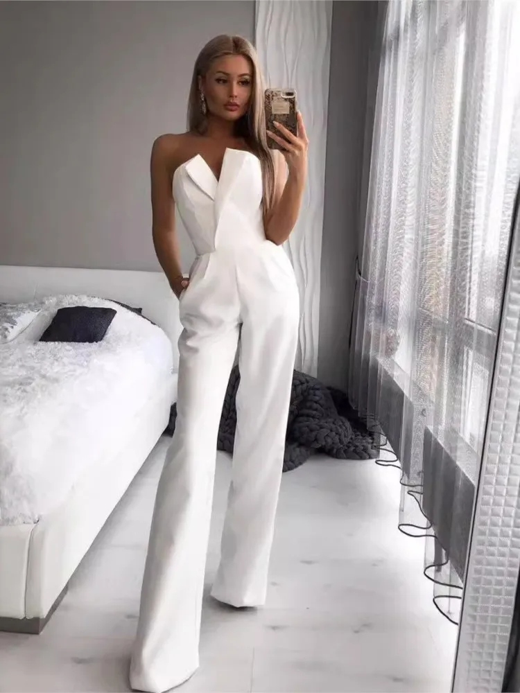 2025 Women's Elegant Jumpsuits Solid Off Shoulder Sexy Club Jumpsuit Female Sleeveless High Waist Slim Wide Leg Jumpsuit Pants