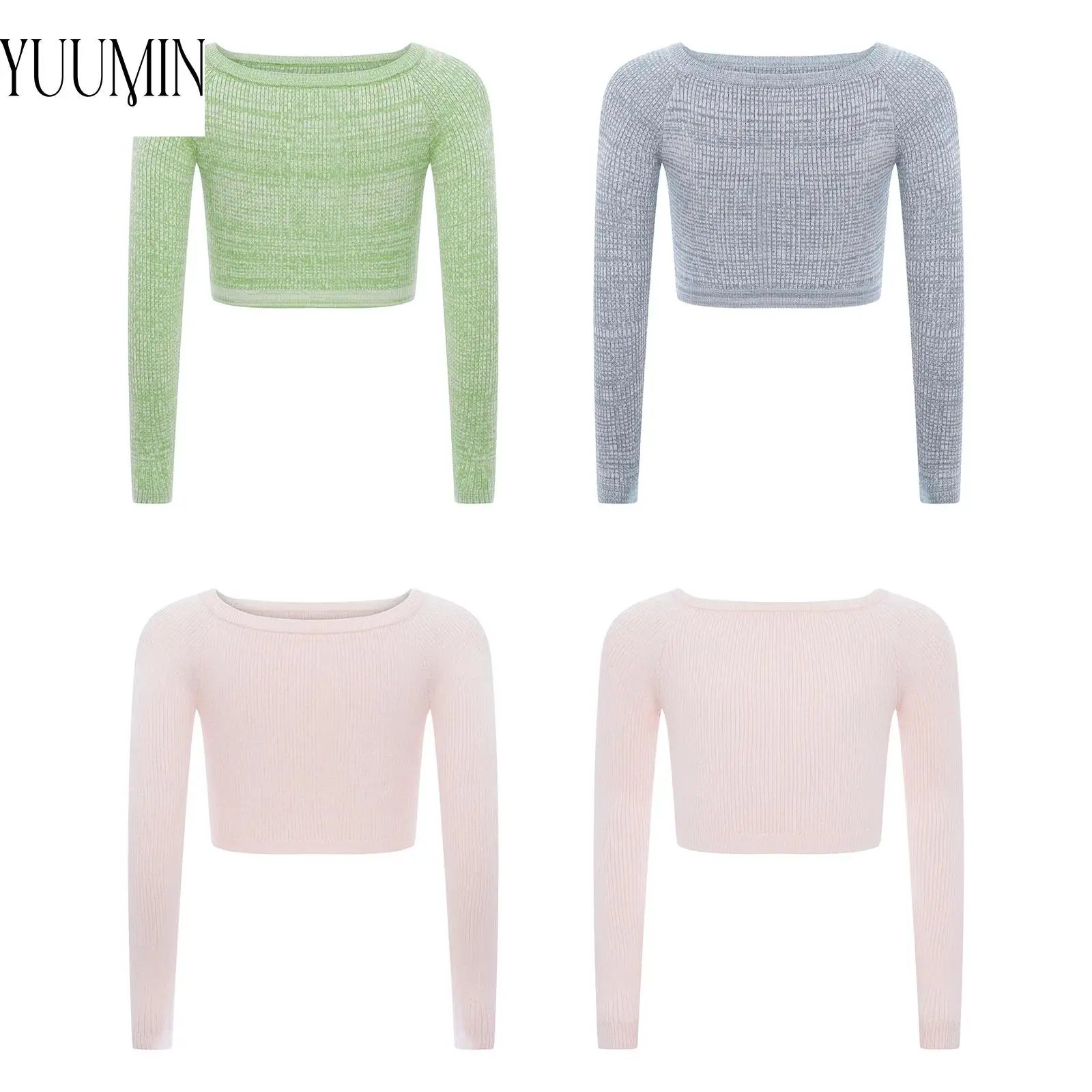 Kids Girl Rhythmic Gymnastics Dance Training Knitted Tops Ballet Practice Warm Up Costume Boat Neck Long Sleeve Sweater Crop Top