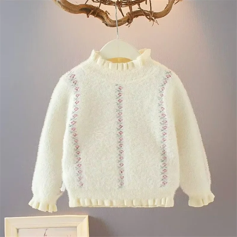 

Sweet Girls' Lace Knit Sweater Spring Autumn Children's Round Neck Pullover Sweater Cute Little Flower Print Baby Girl's Sweater