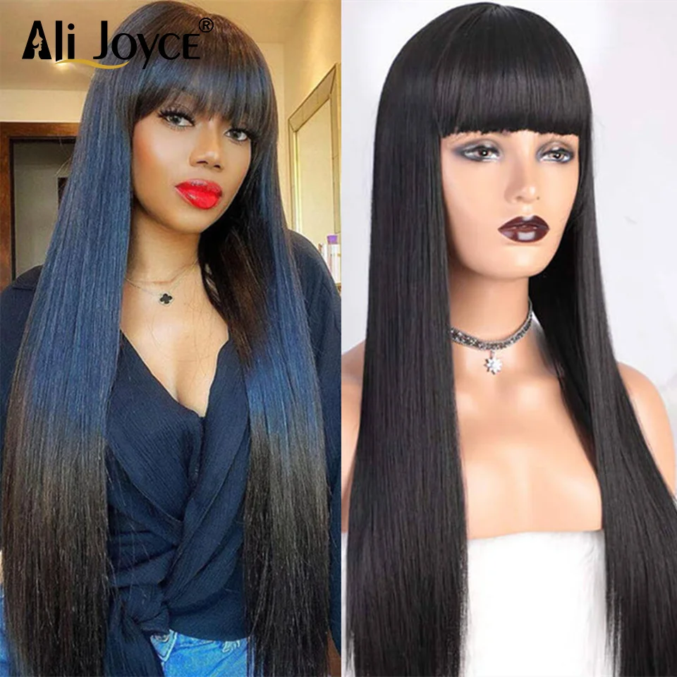 

Natural Color Long Straight Human Hair Wigs With Bangs Machine Made Glueless Peruvian Remy Hair Wig For Black Women Easy Install