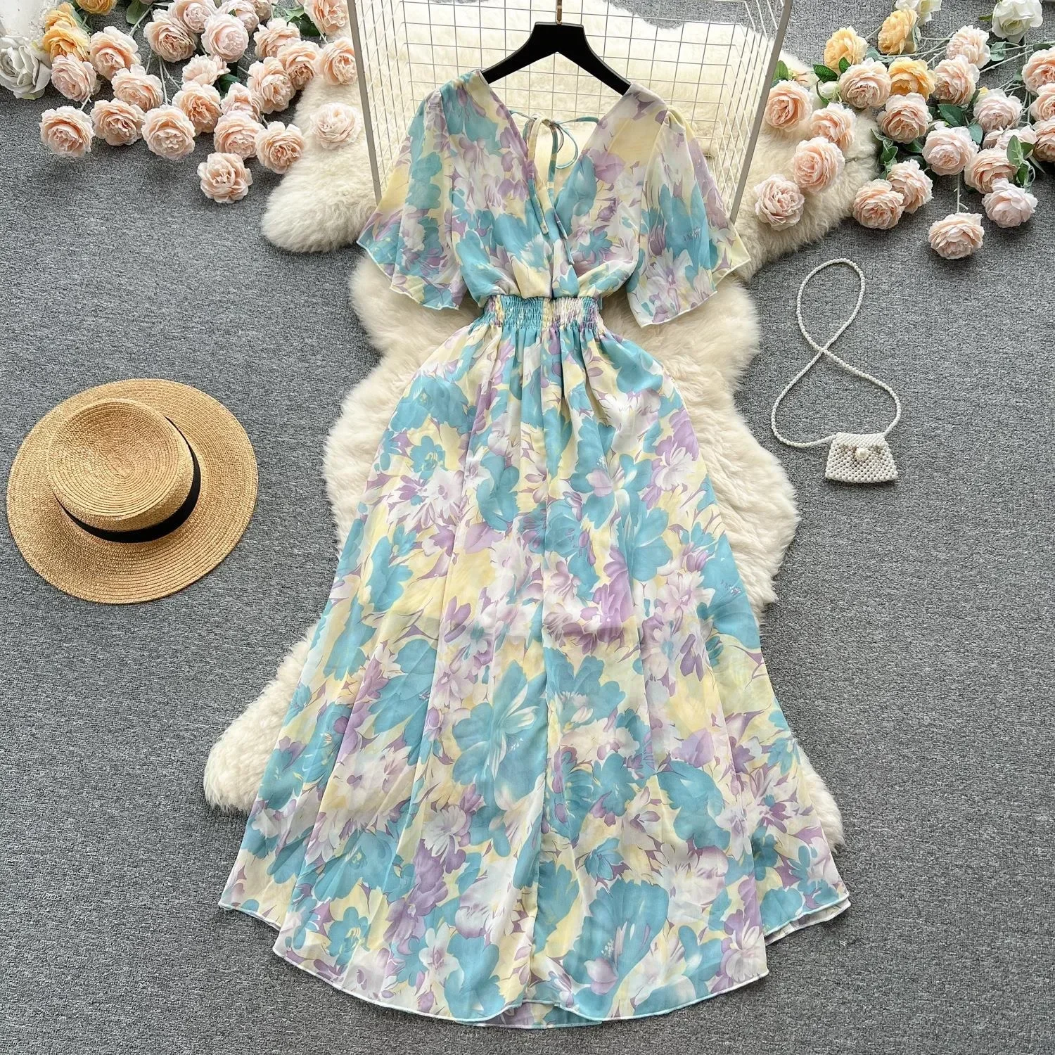 

Vestido largo Floral de gasa para mujer, traje coreano de manga corta con cuello V estampado bohemio para fiesta y playa dress