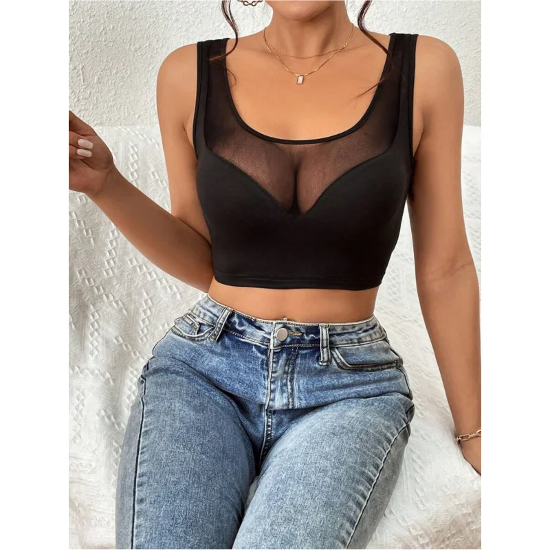 

Summer Contrast Mesh Crop Black Top | Solid Color, Casual Style, V-Collar