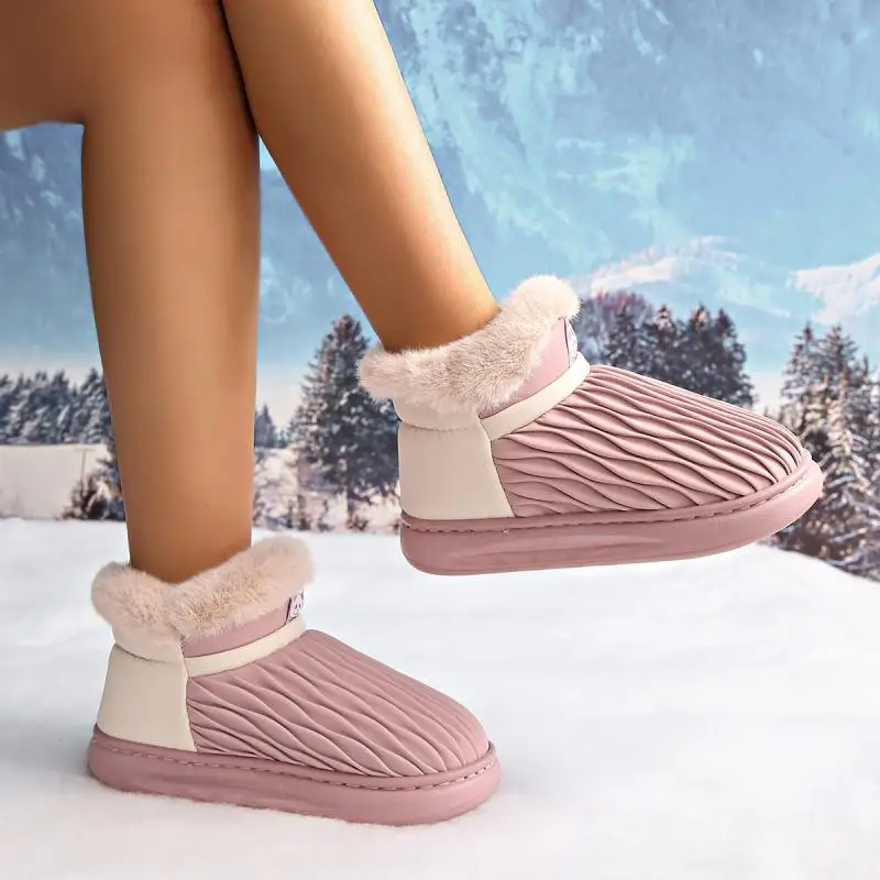 Botines cortos de felpa para mujer, botas de nieve con plataforma gruesa y suave, con pliegues geométricos, cómodos y cálidos, zapatos de algodón de colores mezclados