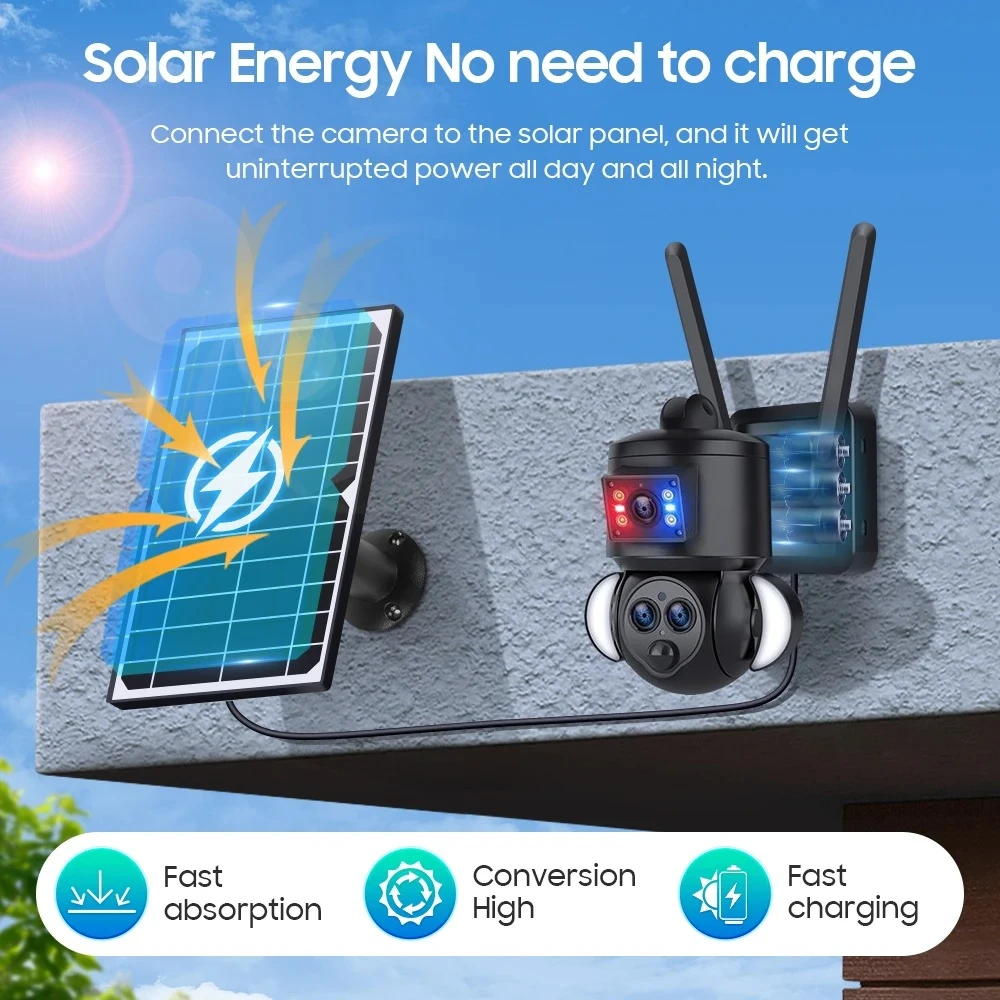 

2025 NEW 6MP Solar Camera 4G 15X Zoom Dual Screens WIFI 8W Solar Panel Security Three Lens Battery PTZ IP Camera PIR