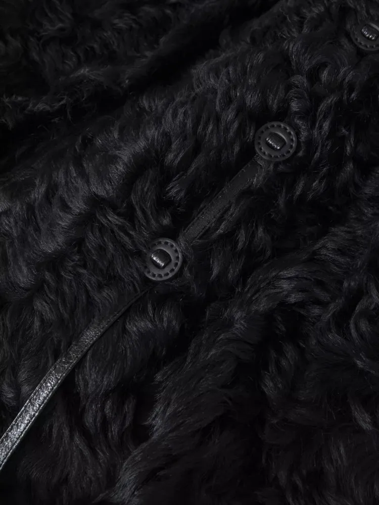 Chaqueta Vintage de invierno con una hilera de botones y cuello redondo para mujer, abrigo de piel de oveja auténtica, abrigo cálido para fiesta, abrigo holgado negro de lana Natural