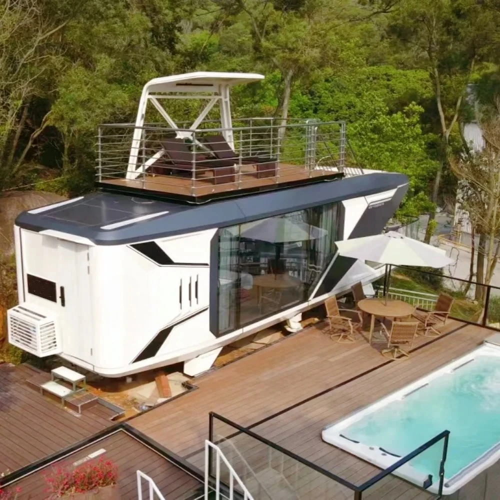 منزل حاوية جاهز بتصميم حديث للاستخدام العائلي، منزل صغير محمول للمكتب في الفناء الخلفي