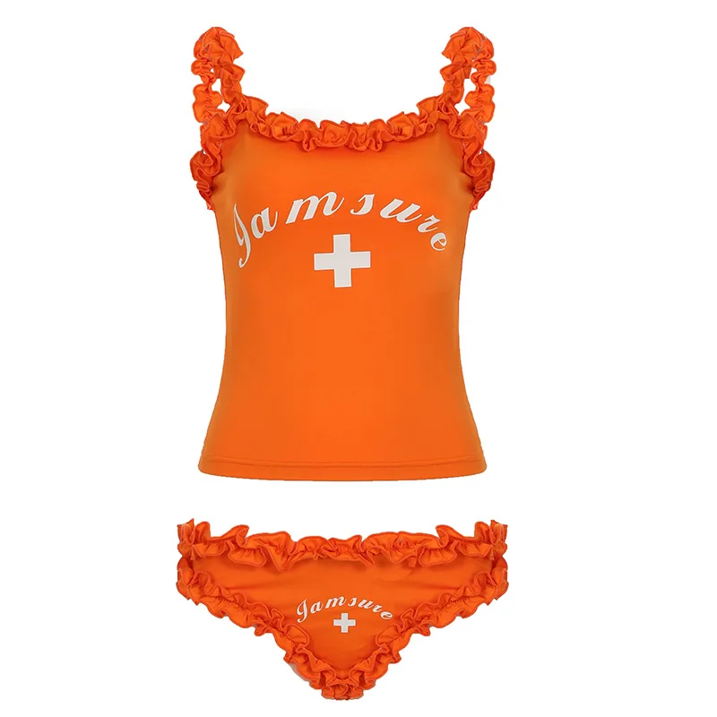 Rüschen Damen-Bikini-Set, einfarbig, ärmellos, bauchfreies Top, Mini-Shorts, passendes Set, 2025, Sommer-Badeanzüge, sexy Club-Party-Outfits