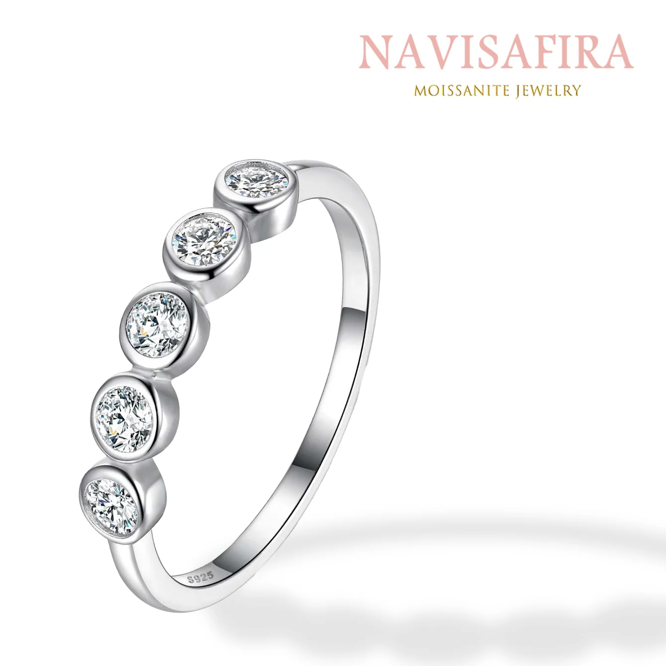 0.5Ct S925 Moissanite 5-Stone Ring, Minimalist Full-Bezel Setting with Polished Shine