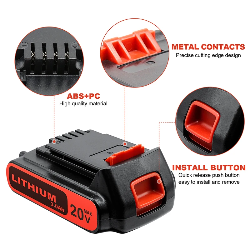 ForDecker 리튬 배터리, Black Decker 배터리, LB2X4020-OPE 전동 공구, 3000mAh, LBXR20, LB20, LBX20, LBXR2020, BL2018