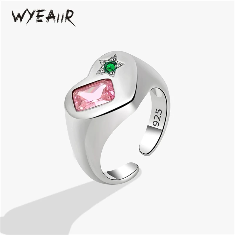 

WYEAIIR Sparkling Block Crystal Star Romantic Heart 925 Sterling Silver Resizable Opening Ring For Women Luxury Jewelry